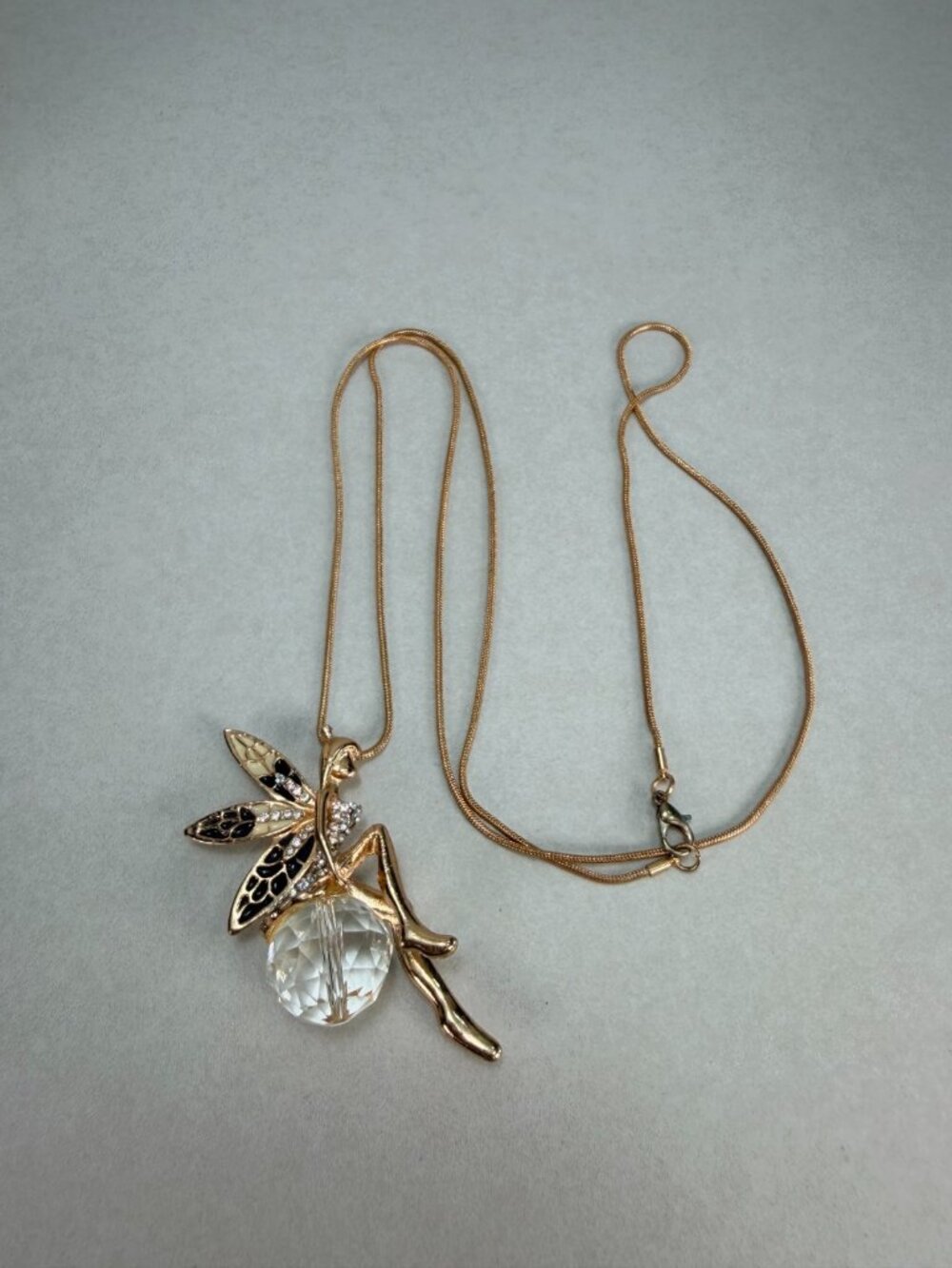 Vintage Fairy Crystal Ball Pendant Necklace Gold Tone Enamel Rhinestone Fantasy